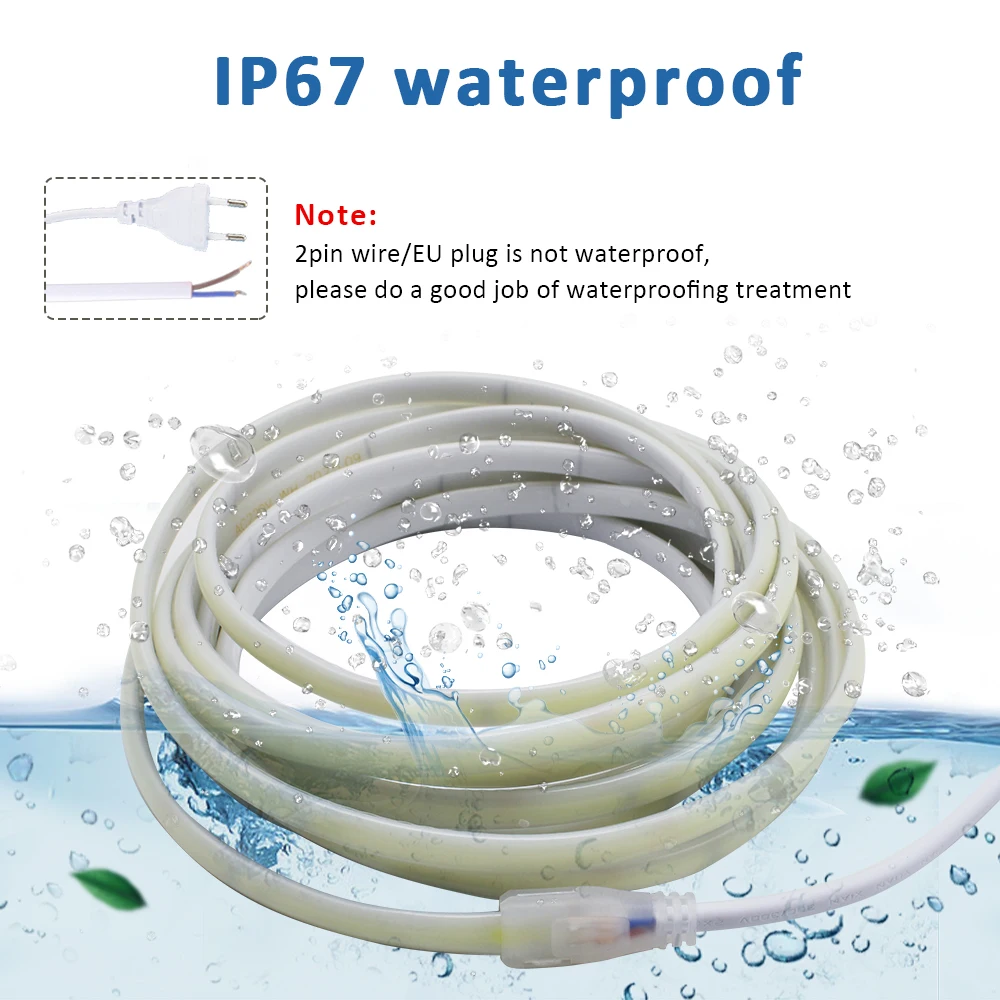 AC220V COB LED Strip Light IP67 Waterproof Flexible Ribbon 2Pin Wire/EU Plug Tape Lamp 3000K/4000K/6000K Outdoor Linear Lighting