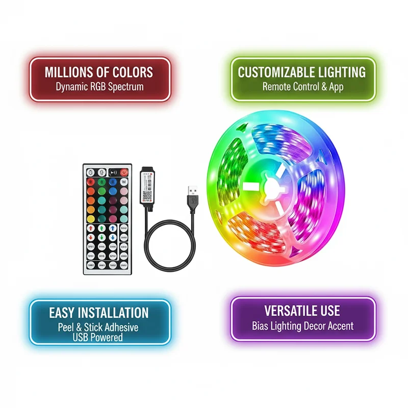18 LED Strip Lights 5050 RGB USB Color Changing Flexible Lamp Tape with APP Control for Room Decoration TV Backlight