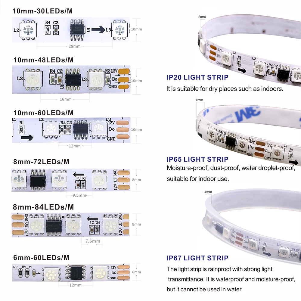 5V/12V SPI Color LED WS2811 WS2812 WS2815 WS2813 Addressable Programmable LED Light Strips For Colorful Light WHITE/BLACK PCB 5V