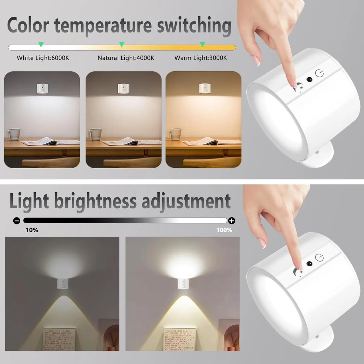 360° Rotating LED Wall Light, Touch Remote Control, 10 Brightness Levels, USB Rechargeable - Ideal for Living Room, Hallway