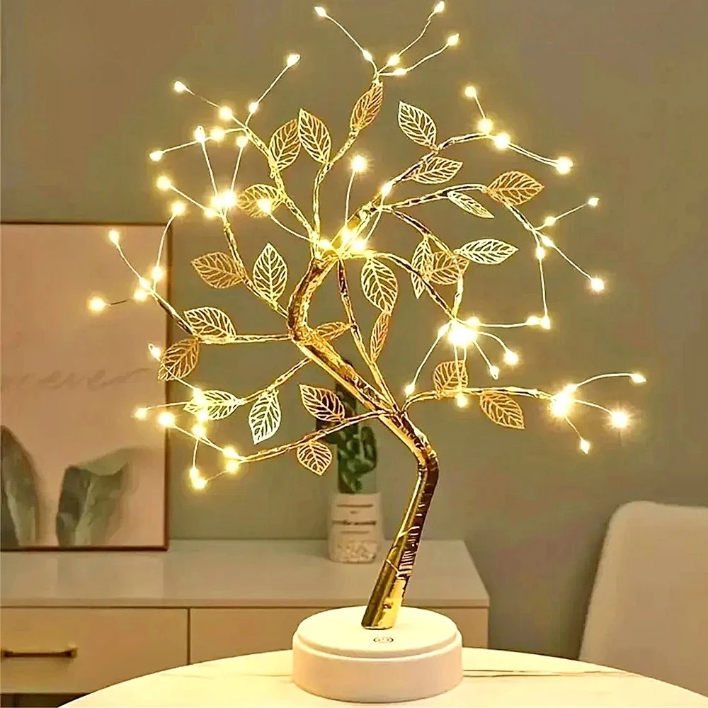 LED Golden Leaf Table Lamp Christmas Tree Fairy Light Night Lights Home DIY Party Wedding Bedroom Decoration Mother's Day Gift