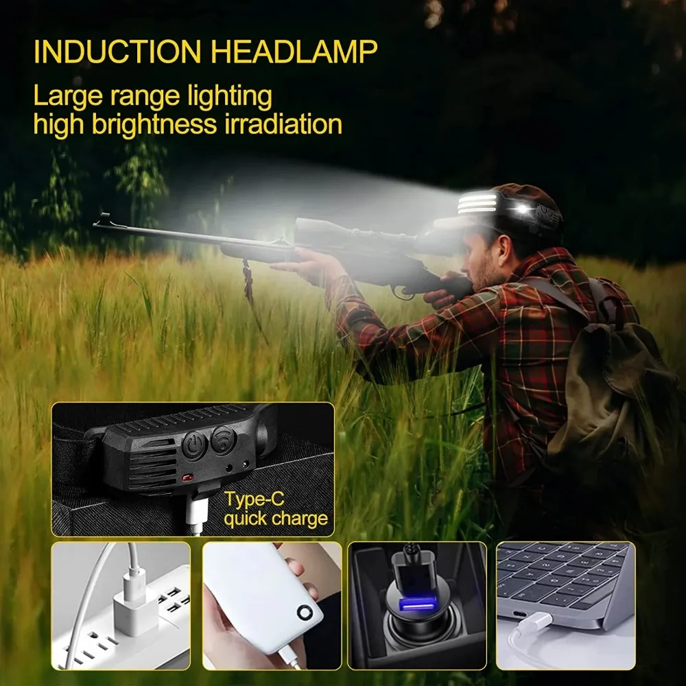LED COB Sensor Floodlight Rechargeable Working Light Headlamp Emergency Light Outdoor Waterproof Camping Fishing Flashlight