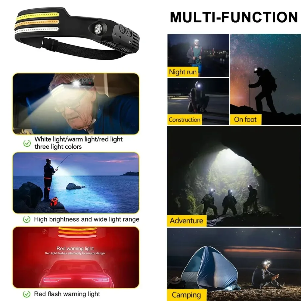 LED COB Sensor Floodlight Rechargeable Working Light Headlamp Emergency Light Outdoor Waterproof Camping Fishing Flashlight