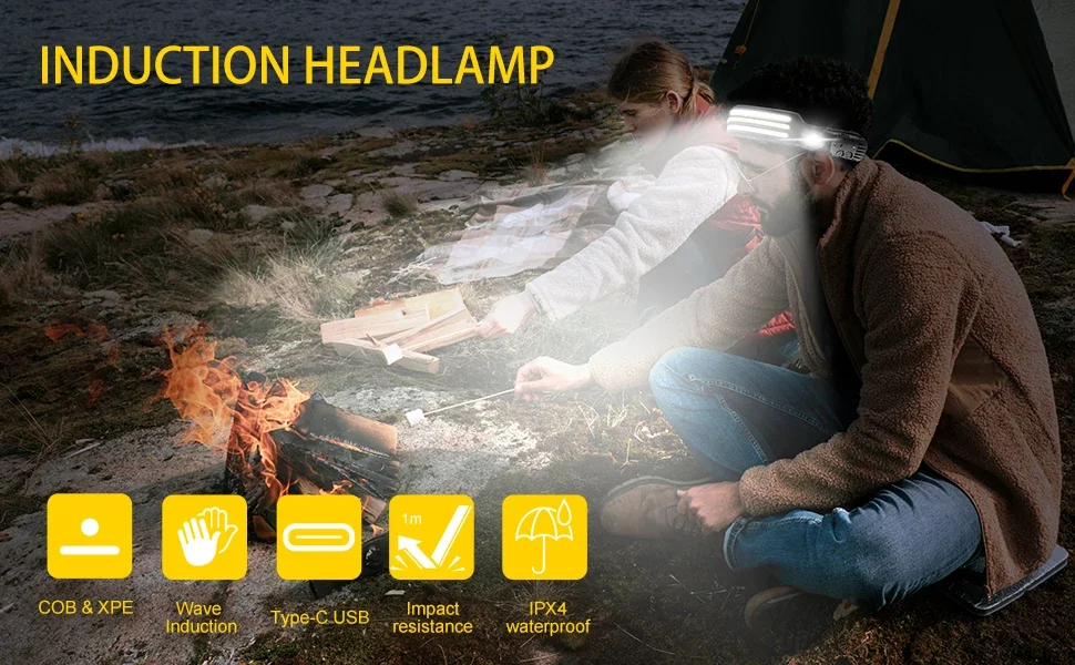 LED COB Sensor Floodlight Rechargeable Working Light Headlamp Emergency Light Outdoor Waterproof Camping Fishing Flashlight