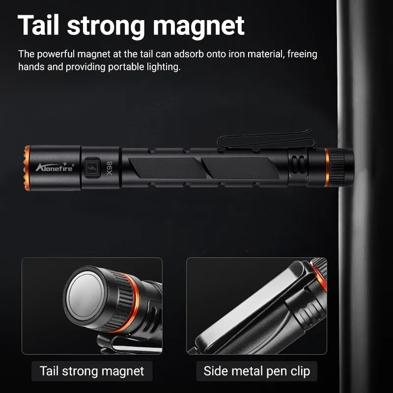 Alonefire Zoom Mini EDC Pen Light Flashlight USB Rechargeable Magnet Small Torch Outdoor Hiking Travel Camping Work Repair Lamp