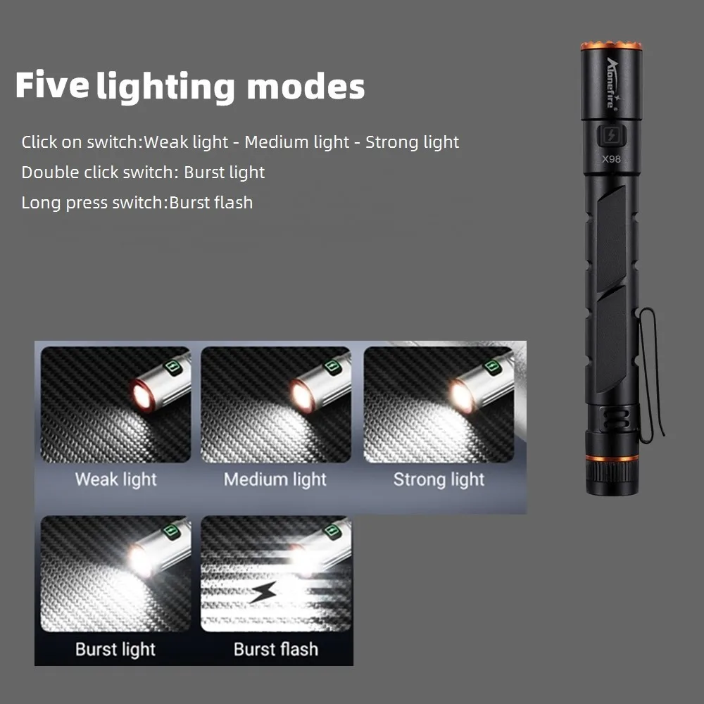 Alonefire Zoom Mini EDC Pen Light Flashlight USB Rechargeable Magnet Small Torch Outdoor Hiking Travel Camping Work Repair Lamp