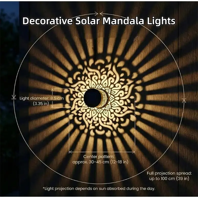 Solar Mandala Wall Light Outdoor Garden Fence Projector Lamp Patio Ambient Decor Waterproof Metal Fence Lights Outdoor Decor