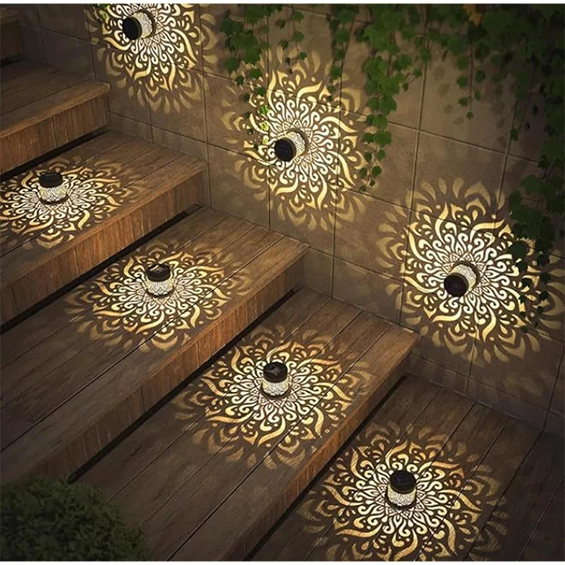 Solar Mandala Wall Light Outdoor Garden Fence Projector Lamp Patio Ambient Decor Waterproof Metal Fence Lights Outdoor Decor