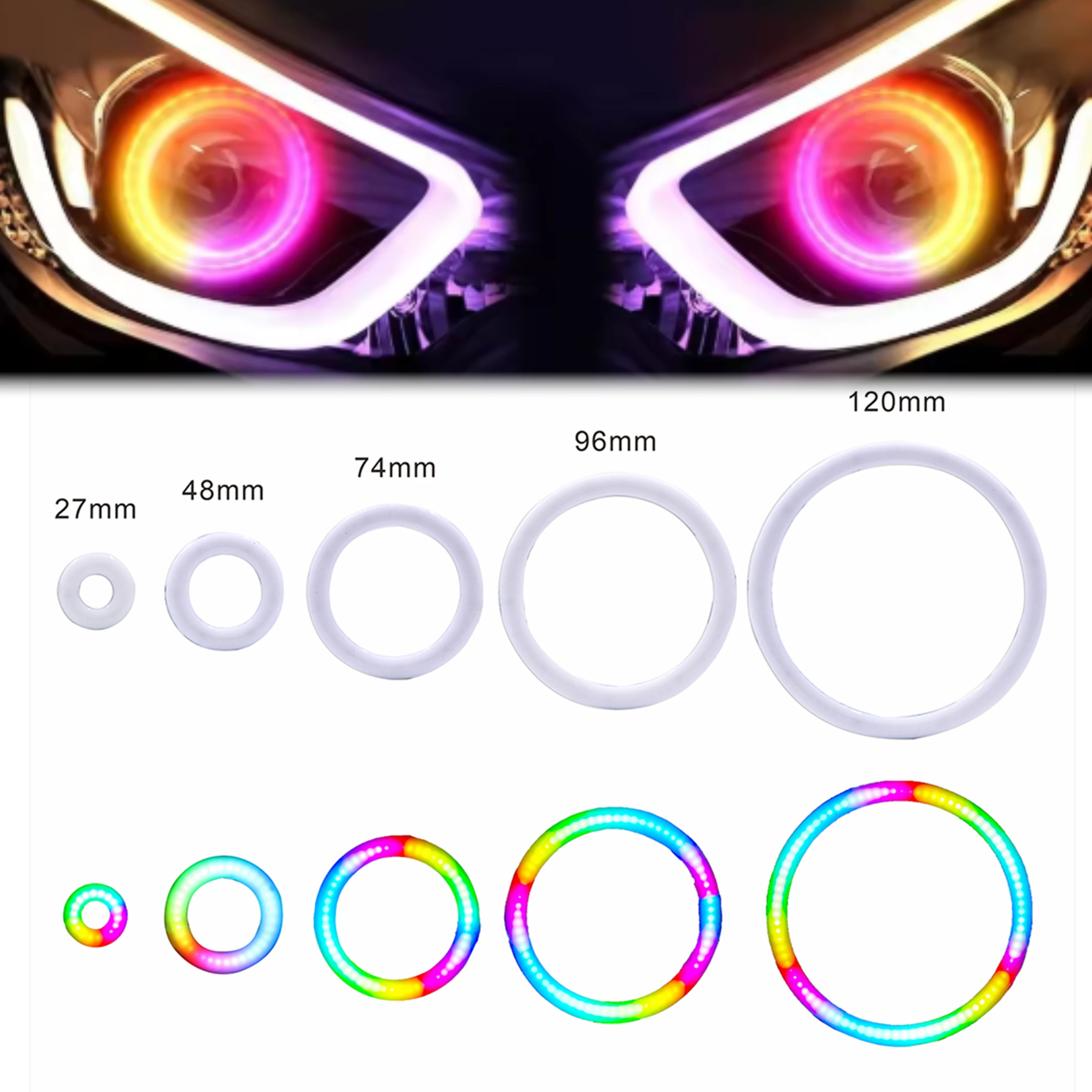 WS2812 COB LED Ring Light 5V/12V Individually Addressable Smart RGB Angel Eyes 27/48/72/96/120mm for Car Headlight Device Decor