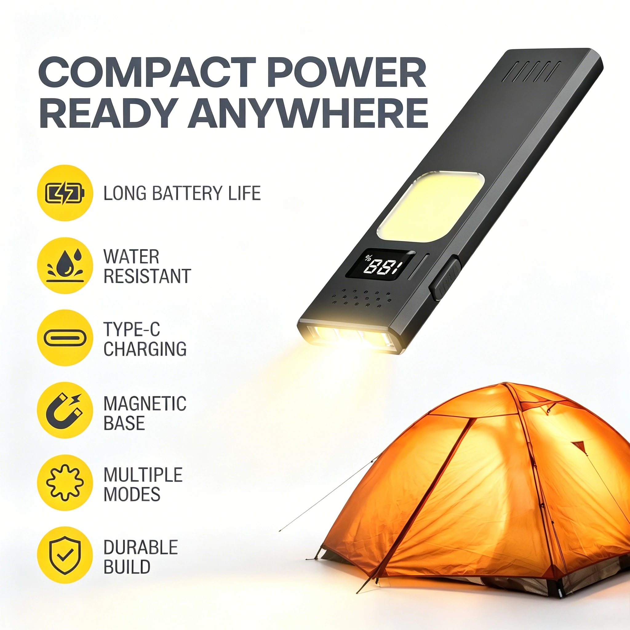 Portable Magnetic Flashlight with Clip,Ultra-Slim LED Work Light, USB-C Rechargeable, 4 Light Modes with Red Warning Light