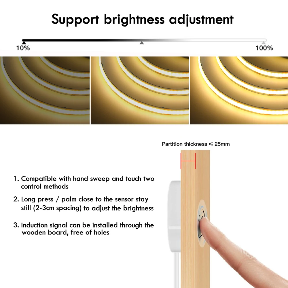 12V 24V Touch Dimmer COB LED Strip Light Hand Sweep Induction Switch US EU Power Kit Flex 320LEDs Tape Bedroom Kitchen Lighting