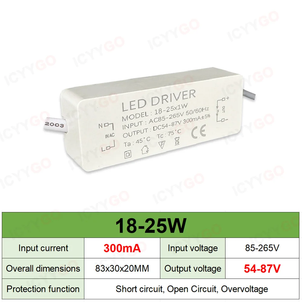 300mA 600mA 900mA LED Drivers 5W 4-7W 8-12W 12-18W 18-25W 25-36W LED Power Supply Lighting Transformer Constant Current Driver