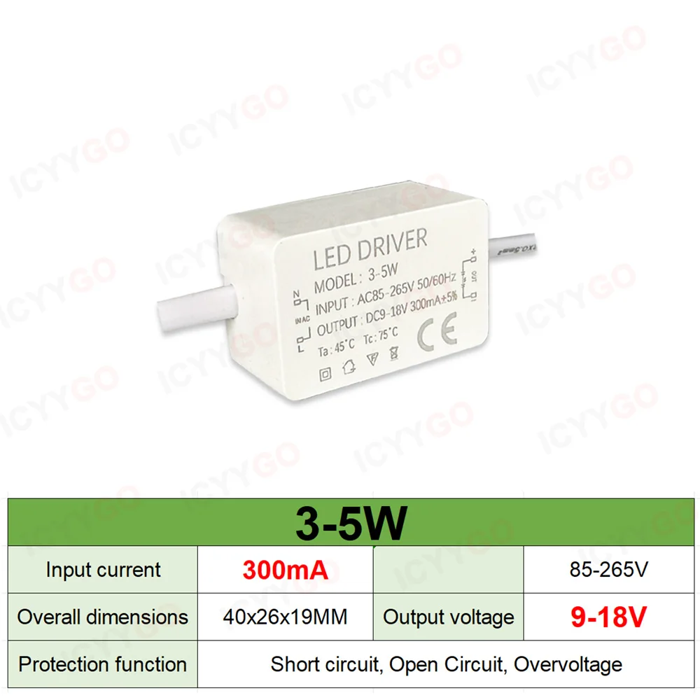 300mA 600mA 900mA LED Drivers 5W 4-7W 8-12W 12-18W 18-25W 25-36W LED Power Supply Lighting Transformer Constant Current Driver