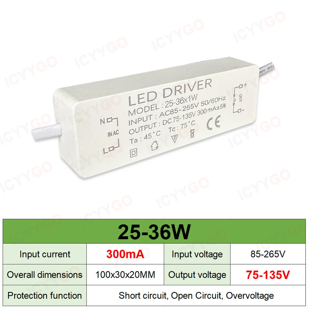 300mA 600mA 900mA LED Drivers 5W 4-7W 8-12W 12-18W 18-25W 25-36W LED Power Supply Lighting Transformer Constant Current Driver