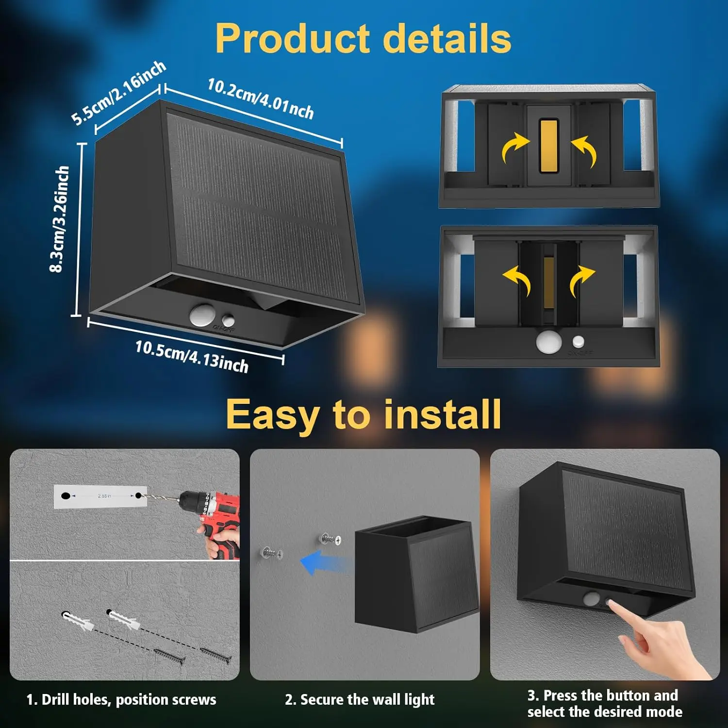 Outdoor Solar Wall Light Outdoor Garden Motion Sensor 3000K Fence Lamp with 3 Modes for Patio Yard Garage Solar LED Porch Lamp