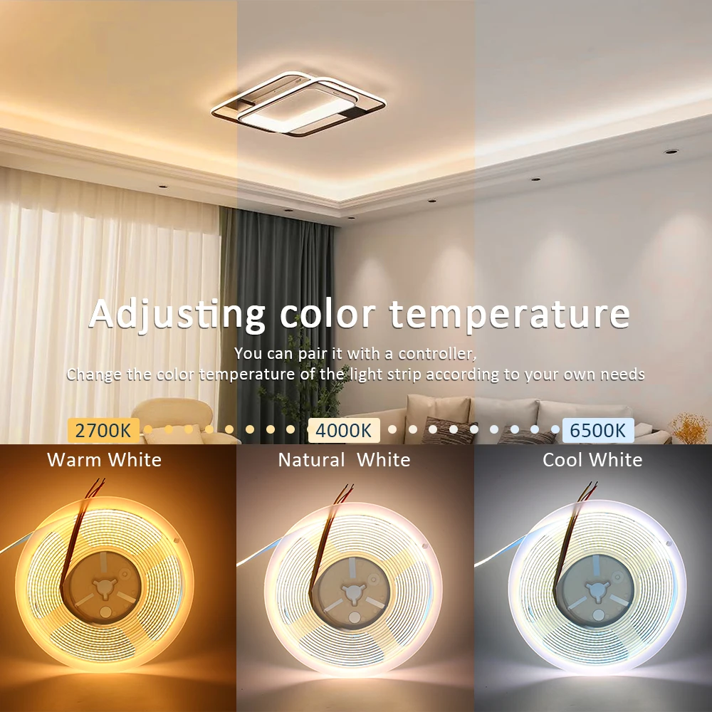 DC 12V 24V CCT COB LED Strip Light 5mm 8mm 10mm 608 LEDs/m 2700K to 6500K LED Tape Linear Double Color RA90 Dimmable Ribbon Lamp
