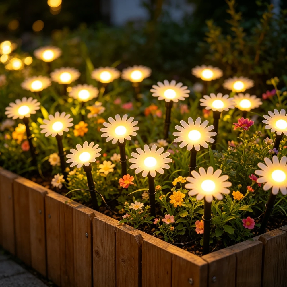 Outdoor Solar String Daisy Stake Lights, Waterproof Chrysanthemum LED Ground Lamps for Aesthetic Courtyard Garden Yard Decor