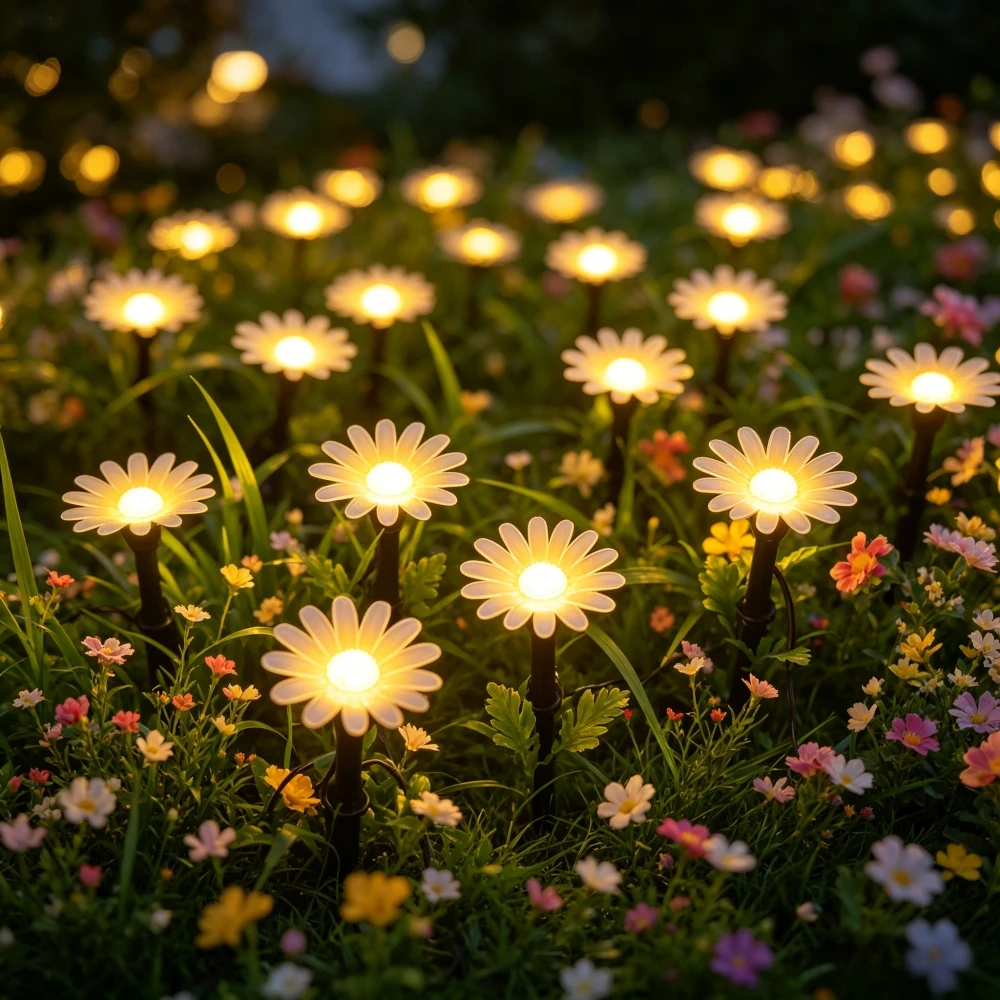 Outdoor Solar String Daisy Stake Lights, Waterproof Chrysanthemum LED Ground Lamps for Aesthetic Courtyard Garden Yard Decor