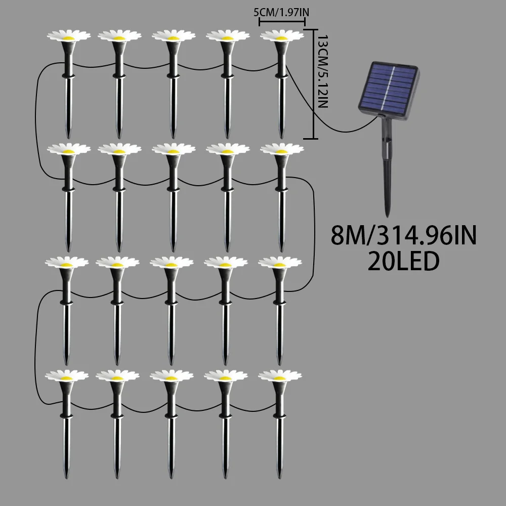 Outdoor Solar String Daisy Stake Lights, Waterproof Chrysanthemum LED Ground Lamps for Aesthetic Courtyard Garden Yard Decor