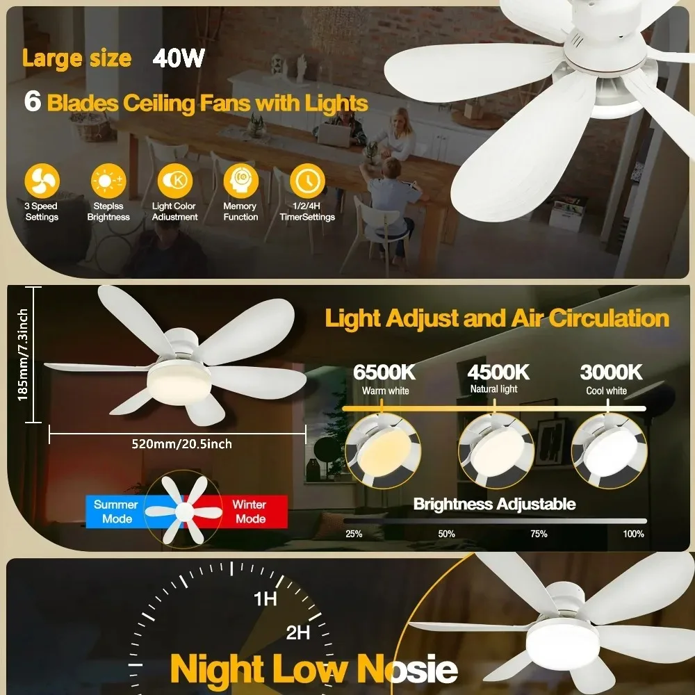 JOYINLED Dimmable Ceiling Fan Light, 30W/40W LED Lamp with Remote Control, 6 Blades, E27 Socket, for Bedroom & Office, 85-265V
