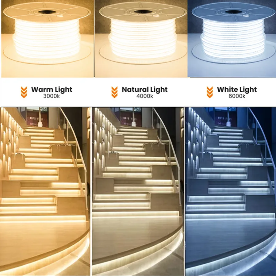 AC220V COB LED Strip 288LEDs/M RA90 3000K 4000K 6000K IP65 Waterproof with EU Plug for Outdoor Garden Bedroom Kitchen Decor Lamp