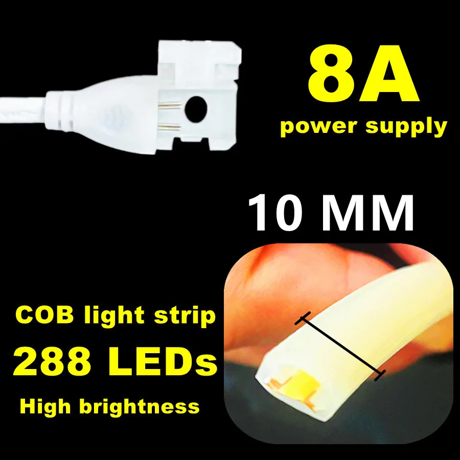 AC220V COB LED Strip 288LEDs/M RA90 3000K 4000K 6000K IP65 Waterproof with EU Plug for Outdoor Garden Bedroom Kitchen Decor Lamp
