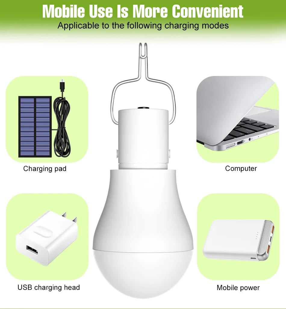 15W LED Solar Lamp Outdoor IP65 Waterproof Garden Hiking Fishing Camping Portable Bulbs Emergency Lights With Hook Solar Panel