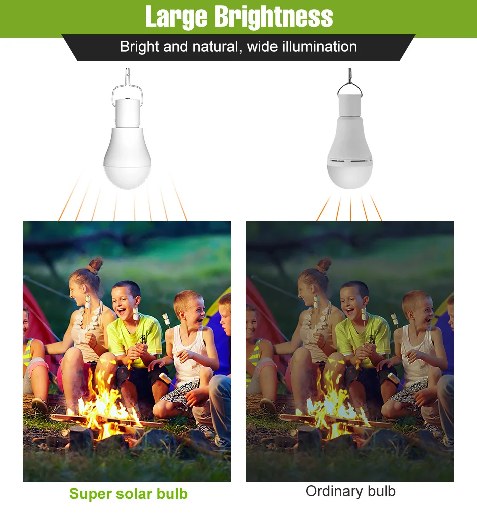 15W LED Solar Lamp Outdoor IP65 Waterproof Garden Hiking Fishing Camping Portable Bulbs Emergency Lights With Hook Solar Panel