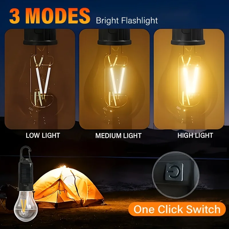 Solar Camping Lights USB Rechargeable Lighting Bulb 3 Lighting Modes Hook Design Portable Emergency Bulb for Outdoor Hiking