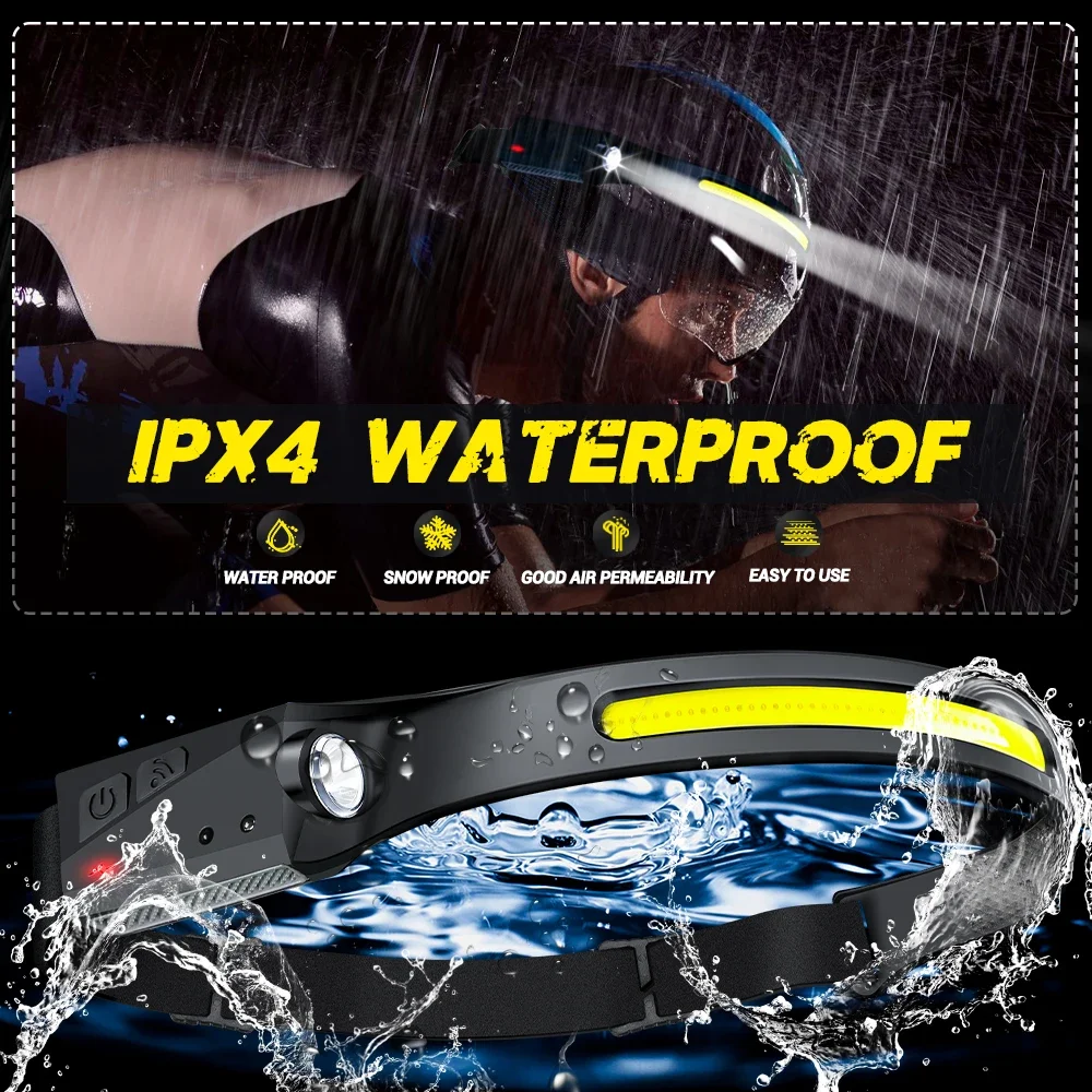 COB LED Headlamp Induction Head Lamp Built-in Battery USB Rechargeable Head Flashlight Outdoor Camping Fishing Working Headlight
