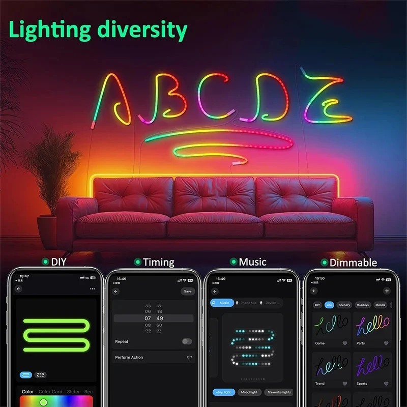 RGBIC USB Neon LED Tape Waterproof Flexible Strip Light Bluetooth Remote Music Sync Multi-Color Lamp For Holiday DIY Wall Decor