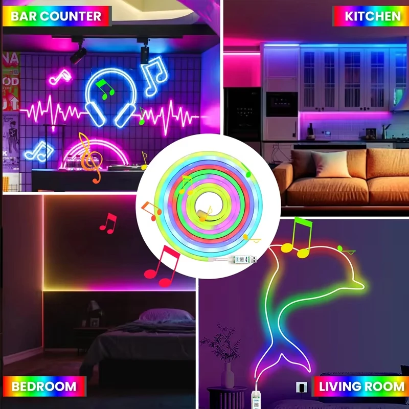 RGBIC USB Neon LED Tape Waterproof Flexible Strip Light Bluetooth Remote Music Sync Multi-Color Lamp For Holiday DIY Wall Decor