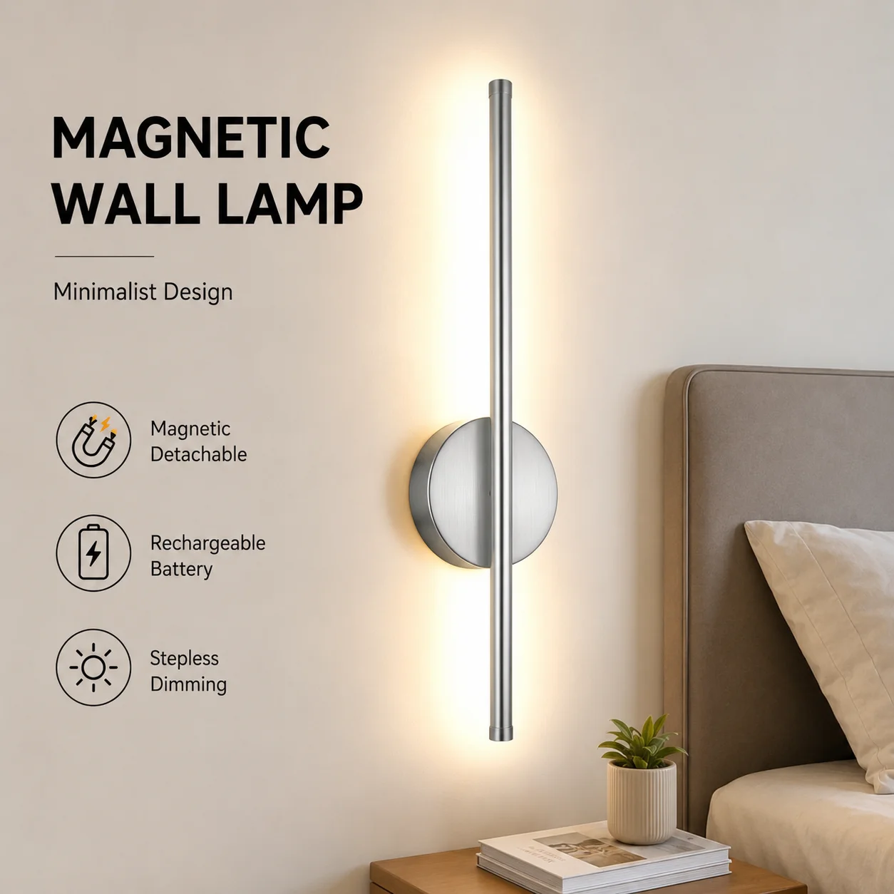 Rechargeable LED Wall Sconce Dimmable Silver For Living Room Bedroom Hallway Study Stairwell Interior Decorative Lighting