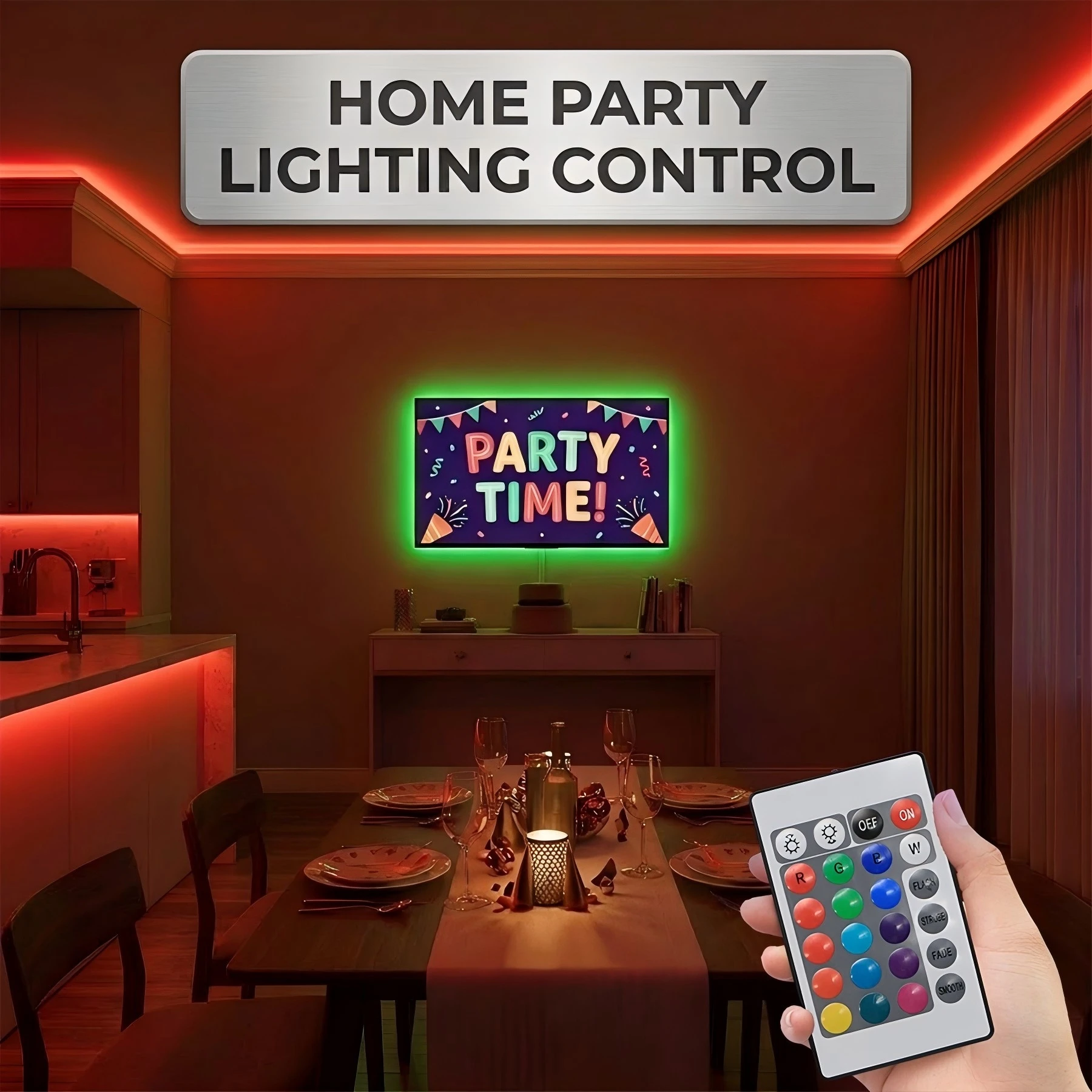 Indoor RGB LED light strip, battery powered (batteries not included). Suitable for room decor, parties, and Christmas decoration