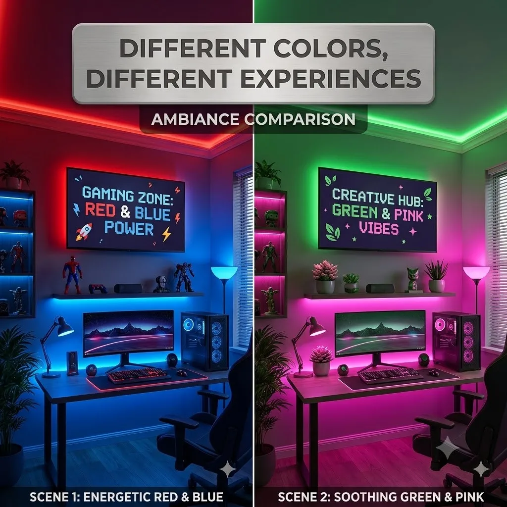 Indoor RGB LED light strip, battery powered (batteries not included). Suitable for room decor, parties, and Christmas decoration
