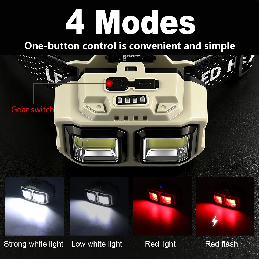 Red Light 50W Headlamp Head Lantern LED Rechargeable IPX4 Waterproof Headlight Battery Powered Headlight ForOutdoor Fishing18650