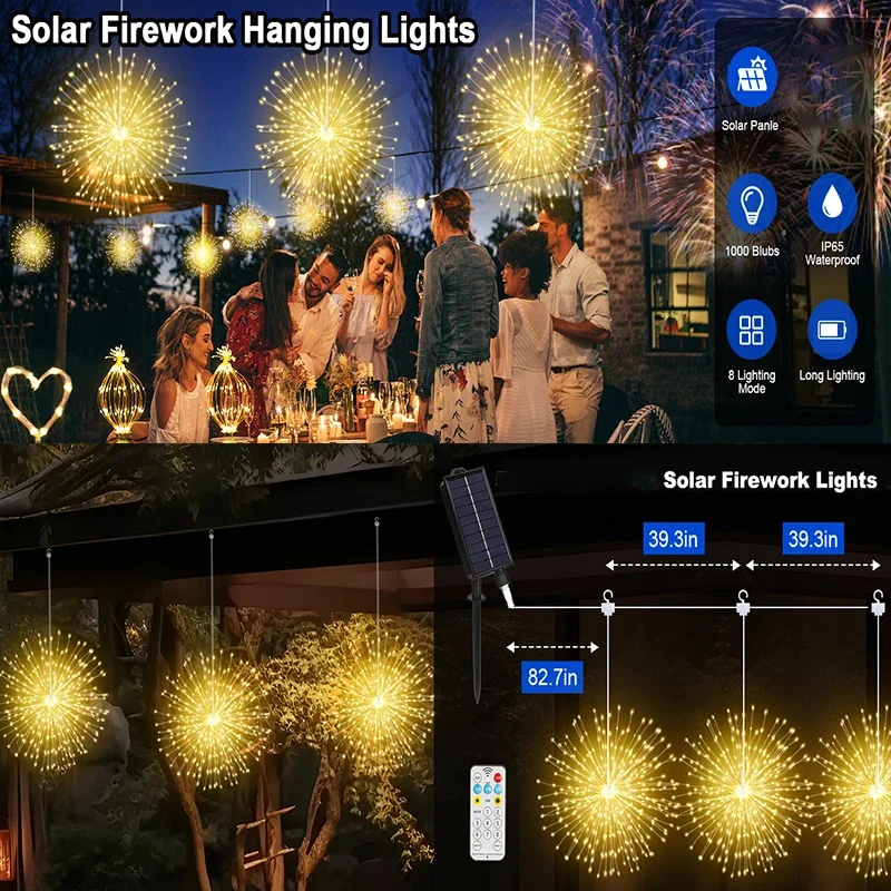 NEW Solar Light Outdoor 8 Modes Fairy Hanging Light Waterproof LED Firework Lamp DIY Decoration for Patio Yard Wedding Garden
