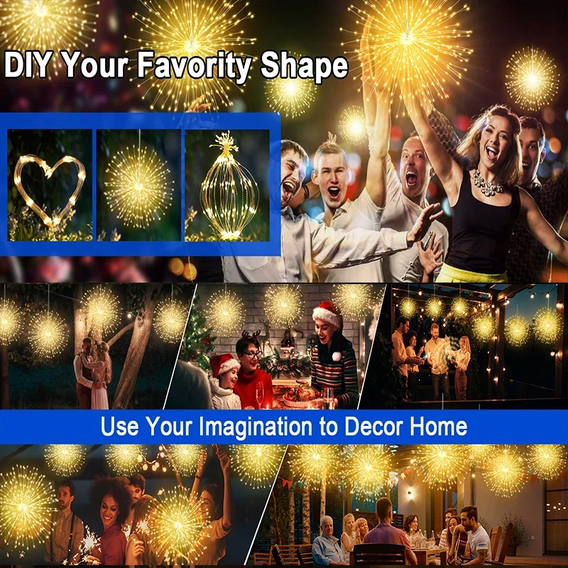 NEW Solar Light Outdoor 8 Modes Fairy Hanging Light Waterproof LED Firework Lamp DIY Decoration for Patio Yard Wedding Garden