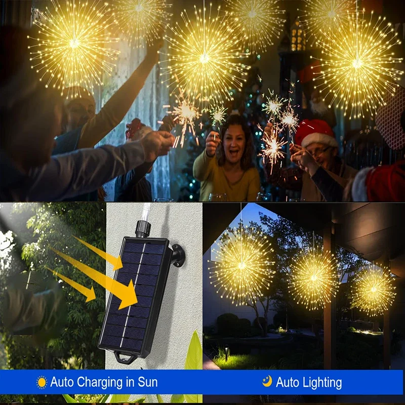 NEW Solar Light Outdoor 8 Modes Fairy Hanging Light Waterproof LED Firework Lamp DIY Decoration for Patio Yard Wedding Garden