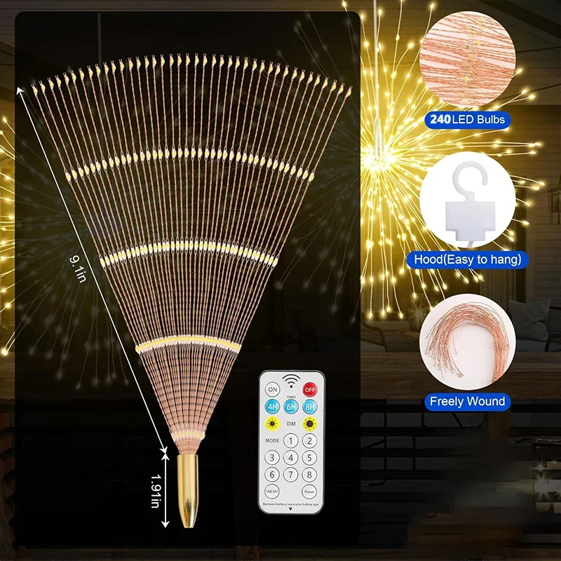 NEW Solar Light Outdoor 8 Modes Fairy Hanging Light Waterproof LED Firework Lamp DIY Decoration for Patio Yard Wedding Garden