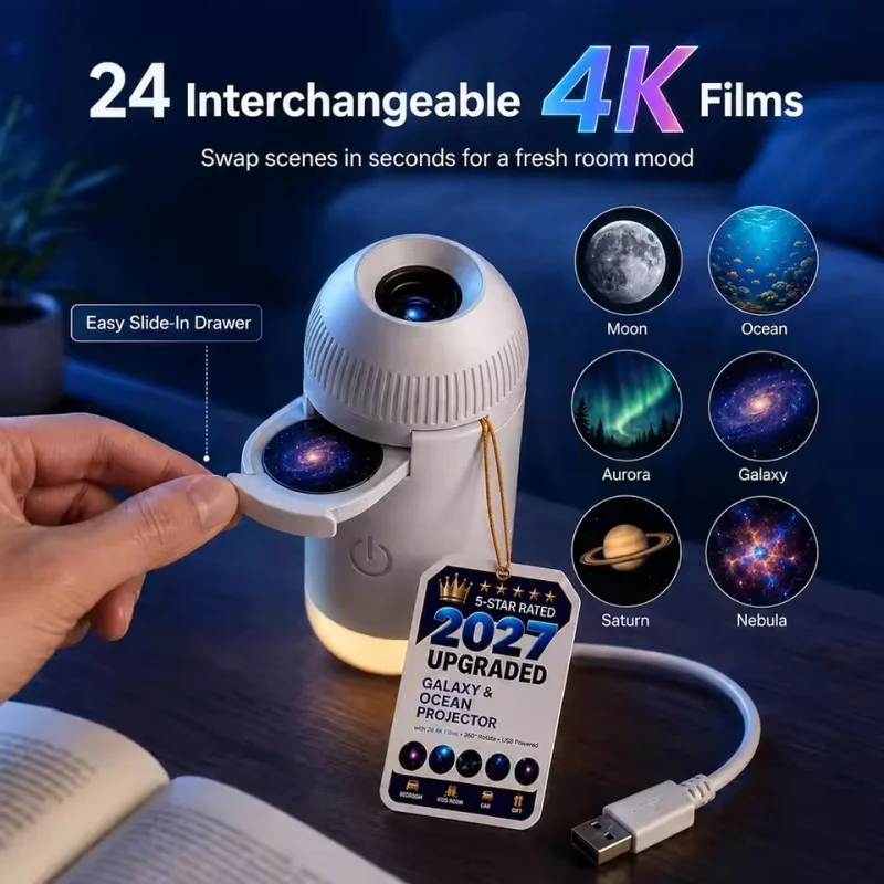 USB Starry Sky Galaxy Projector 360° Adjustable HD 2-in-1 Touch Night Light, Eyecare USB Atmosphere Lamp Car Home Romantic Decor