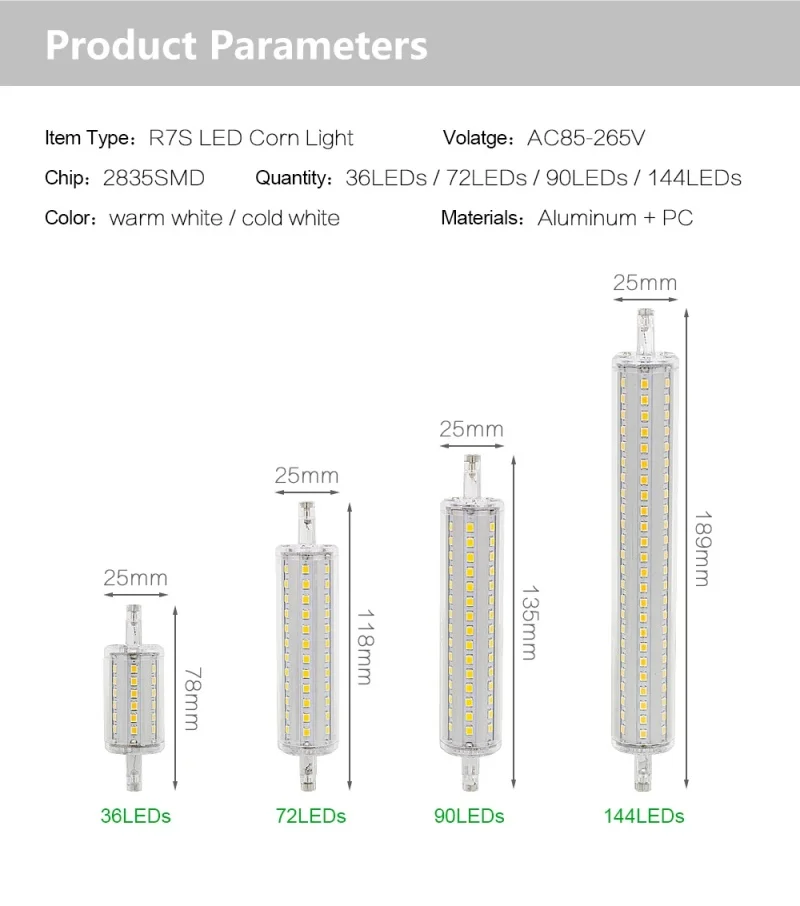 R7S J78 J118 J135 J189 Led Bulb Dimmable Corn Lamp 78mm 118mm 135mm 189mm Replace Halogen 40W 50W Spot Light AC 110V 220V