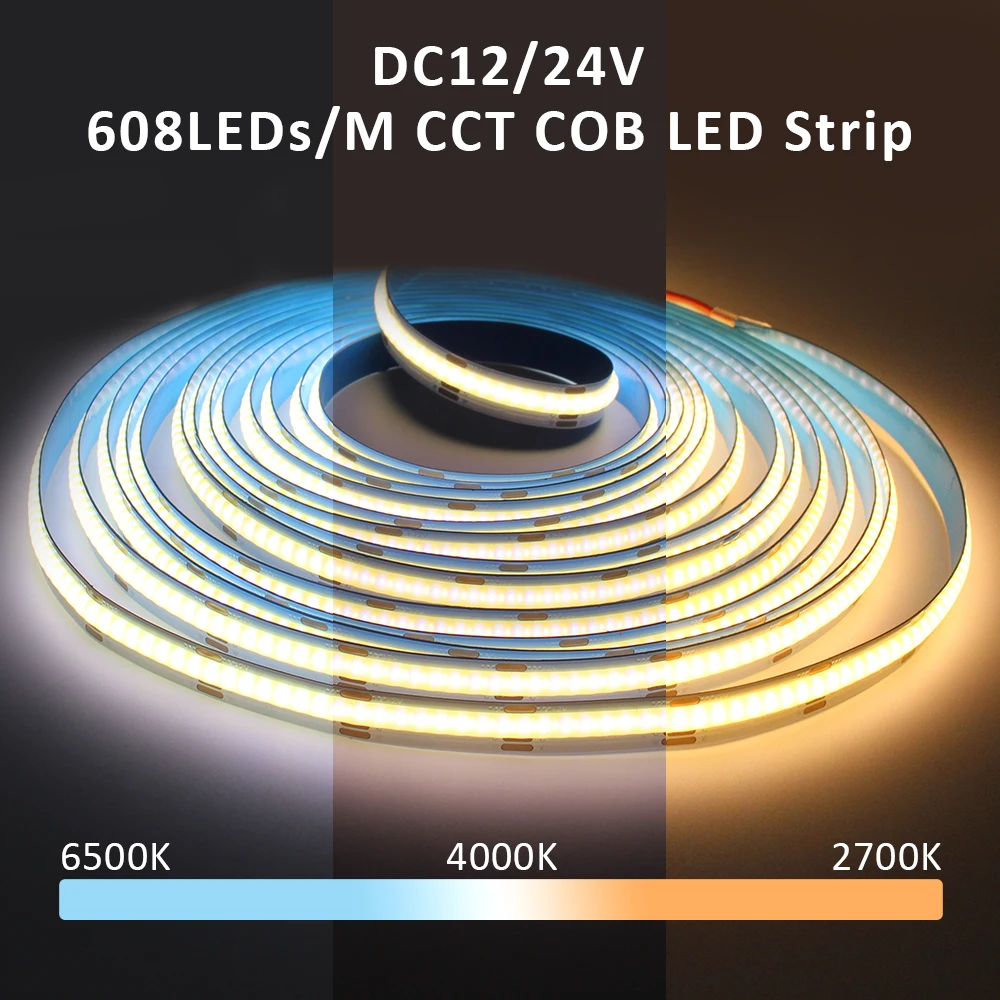 CCT COB LED Strip Lights High Density 608 LEDs/m Flexible Dimmable FOB Led Tape 2700K to 6500K Changeable LED Lighting DC12V 24V