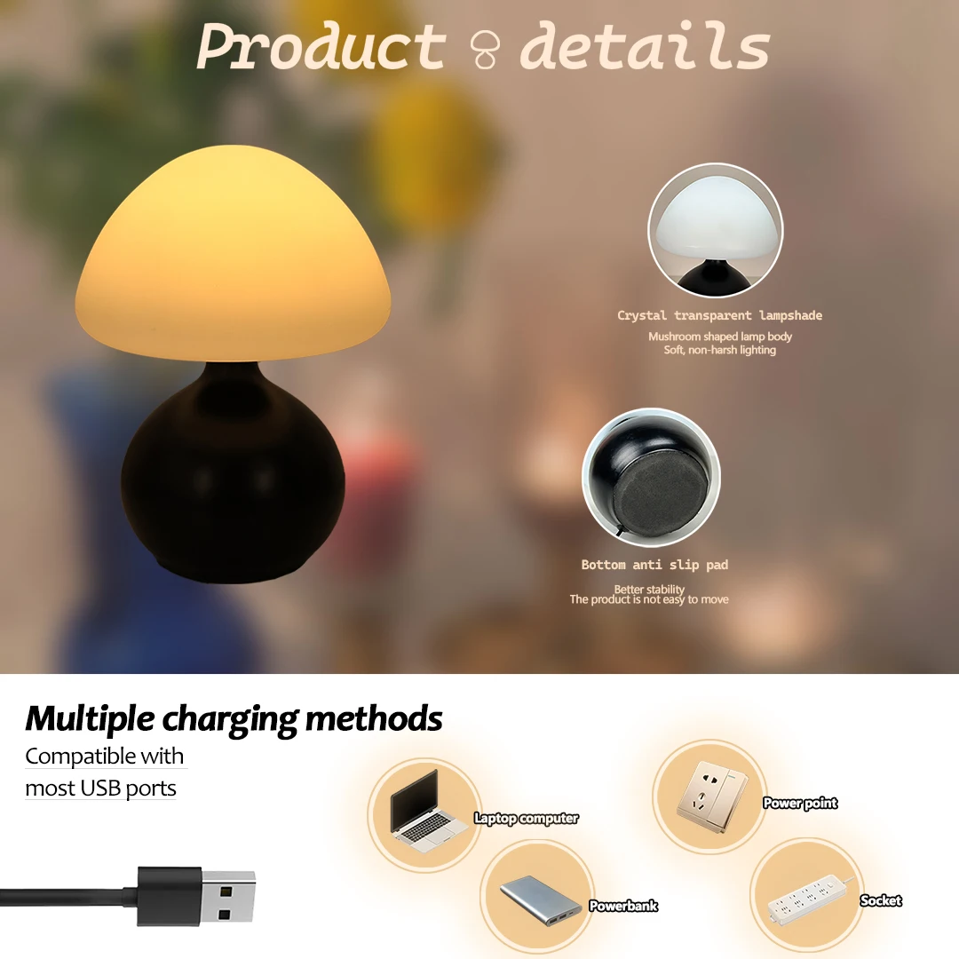 Modern Minimalist Mushroom Table Lamp with Three Color Switching and Infinite Dimming for Home Decoration Atmosphere Table Lamp