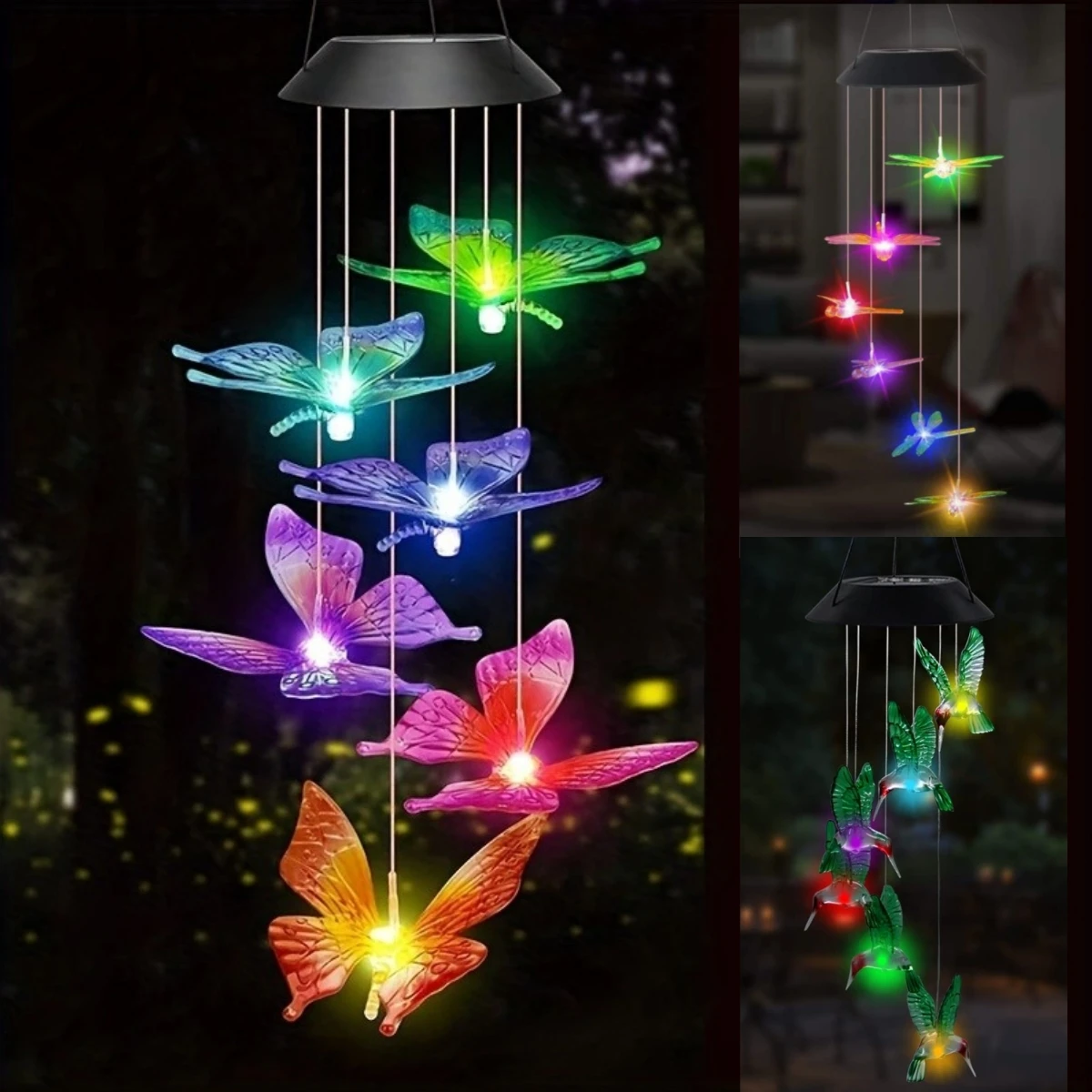 1PC Led Color Changing Butterfly Dragonfly Hummingbird Solar Wind Chimes Outdoor Waterproof Birthday Gifts