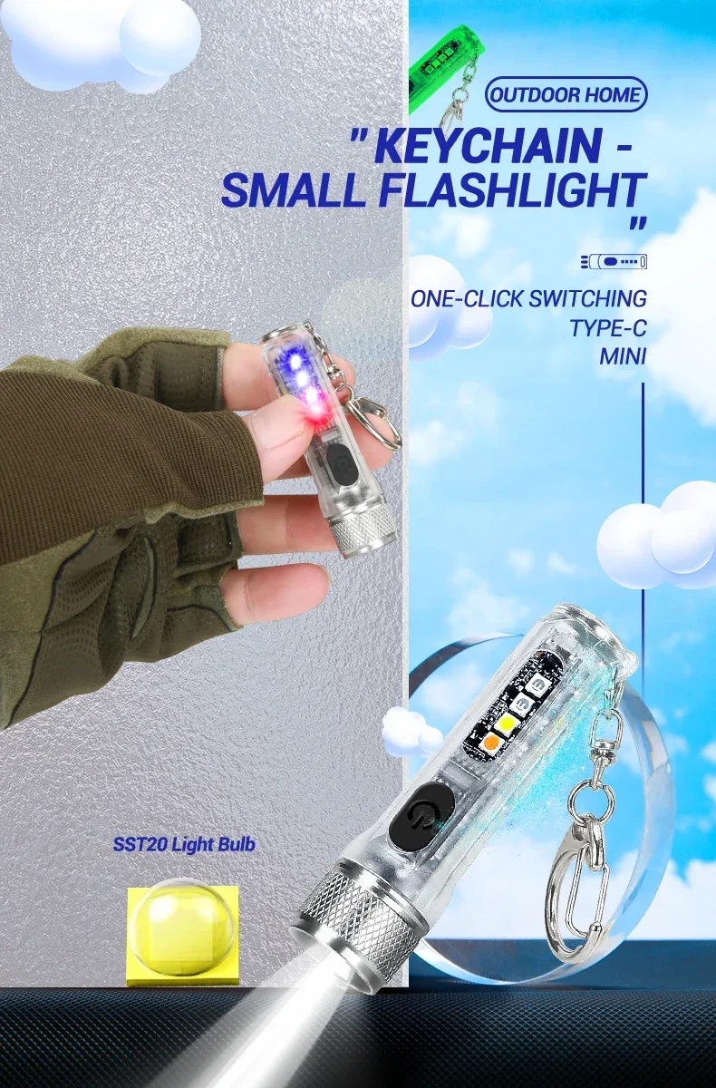 Mini Keychain Flashlight LED Rechargeable Torch Portable Magnetic USB Charging Flashlight High Power Camping Long Range Lantern