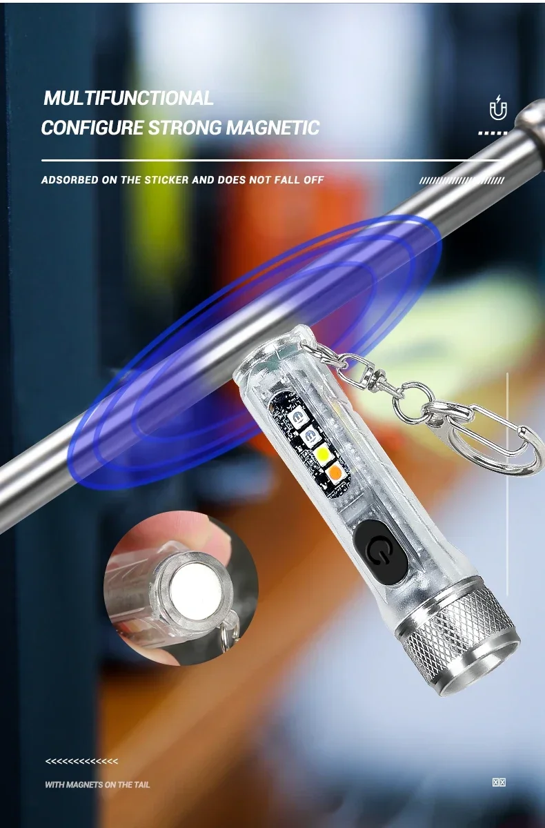 Mini Keychain Flashlight LED Rechargeable Torch Portable Magnetic USB Charging Flashlight High Power Camping Long Range Lantern