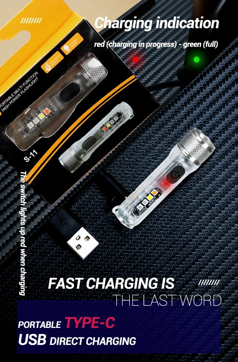 Mini Keychain Flashlight LED Rechargeable Torch Portable Magnetic USB Charging Flashlight High Power Camping Long Range Lantern