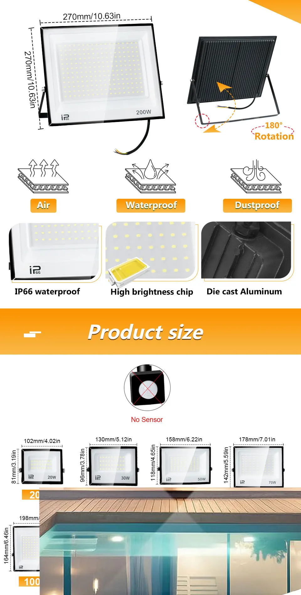 Led Flood Light IP66 Waterproof 100W 200W Outdoor Floodlight Spotlight LED Reflector Street Lamp Wall Flood Lights