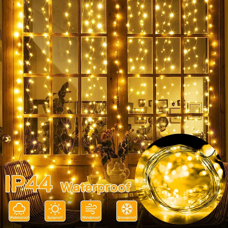Solar LED Curtain Light Outdoor Garland Solar Fairy String Light Copper Wire Lamps for Garden Yard Wedding Party Holiday Decor